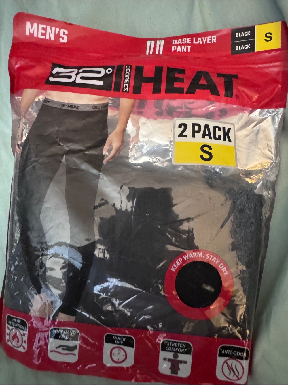 32 Degrees HEAT Men's Black Base Layer Pant - 2 Pack, S